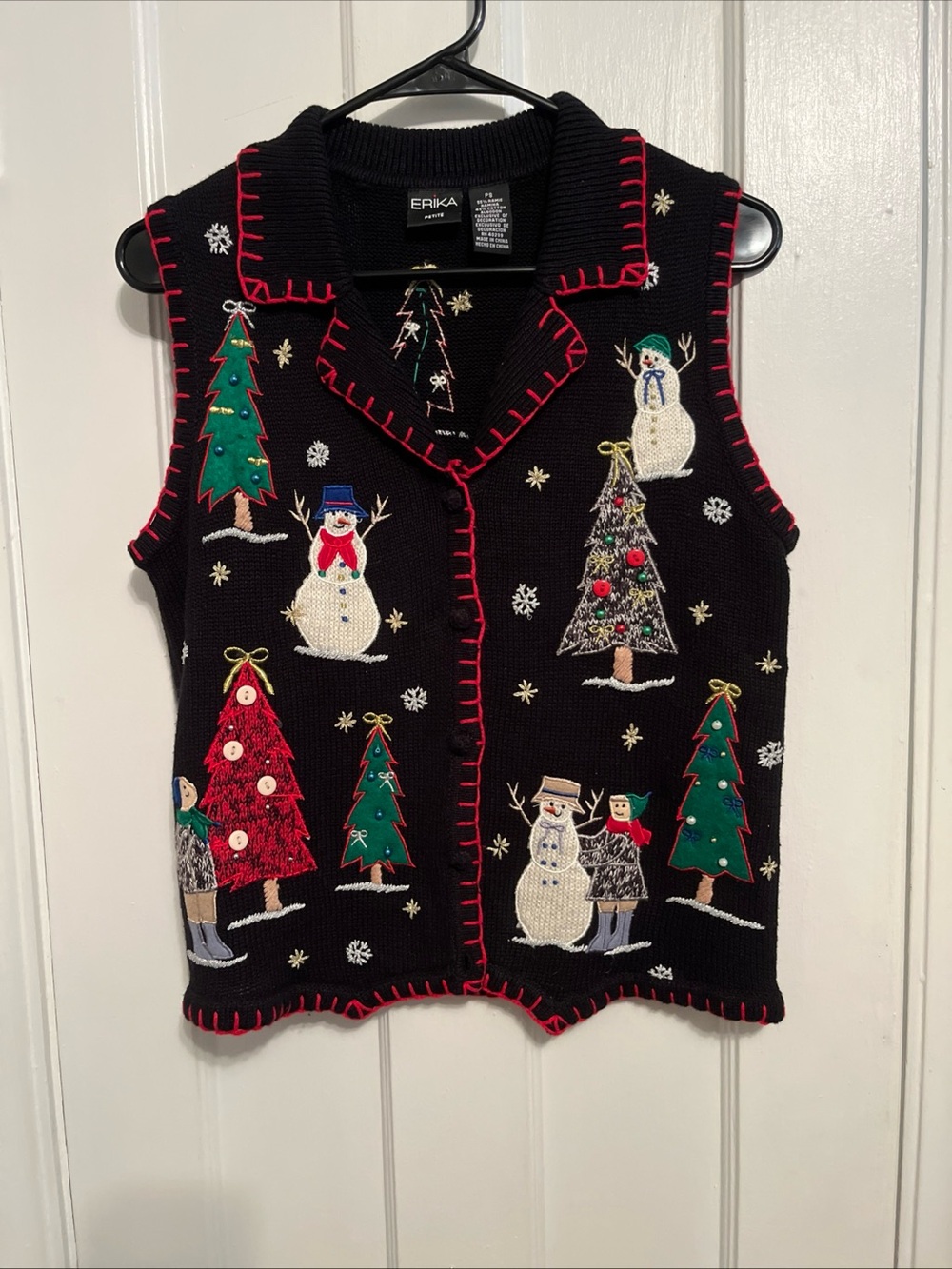 Vintage PS Knit Christmas Holiday Vest Petite Small Snowman Snowflakes Trees